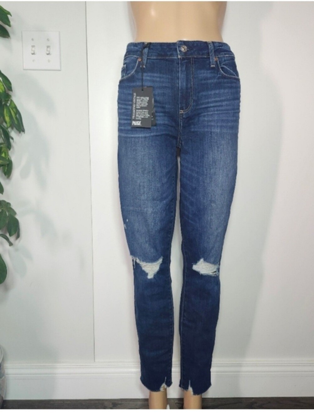 PAIGE Women's Mid Rise Dark Wash Distressed Verdugo Skinny Ankle Jeans 32‎ NEW